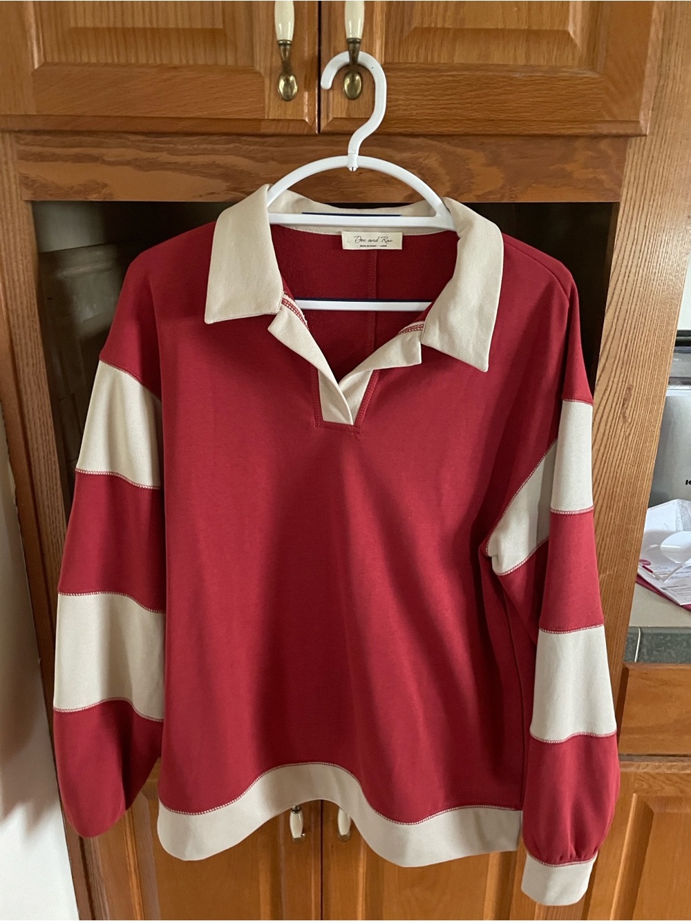 Doe & Rae Red and Cream V-Neck Rugby-Style Sweater